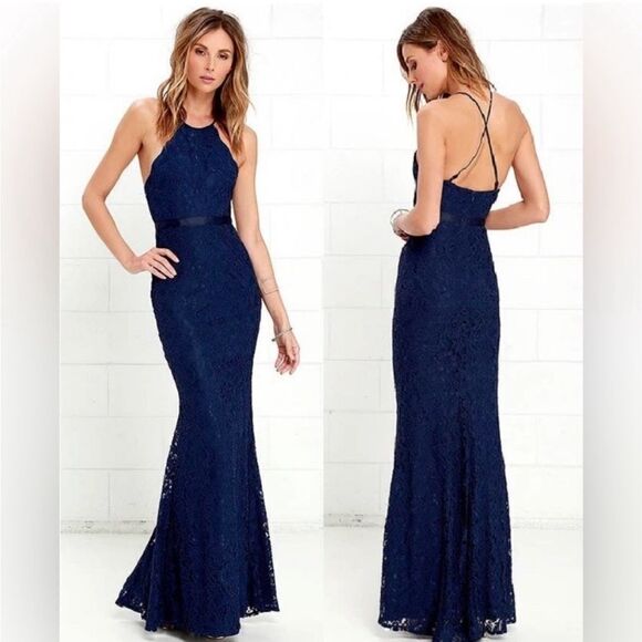 🦋 Lulu’s Zenith Navy Blue Lace Scalloped Neckline Maxi Gown Dress - Picture 2 of 9
